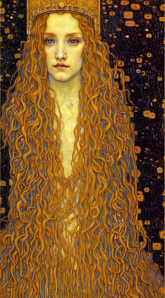 Image similar to detailed realistic beautiful young medieval queen face portrait by jean delville, gustav klimt and vincent van gogh, art nouveau, symbolist, visionary, gothic, pre - raphaelite, muted earthy colors, desaturated