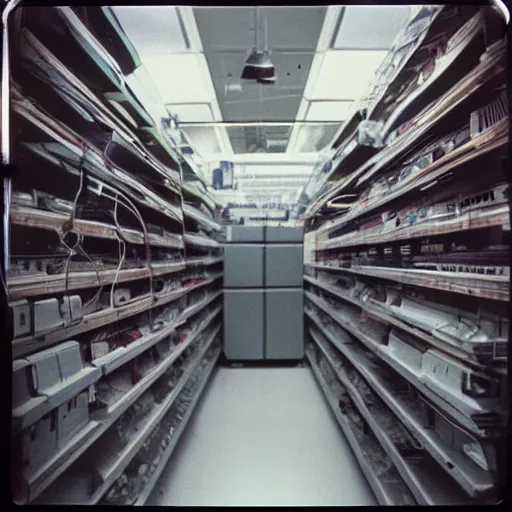 Prompt: “electronics department in 1990. As described by William Gibson. Polaroid”