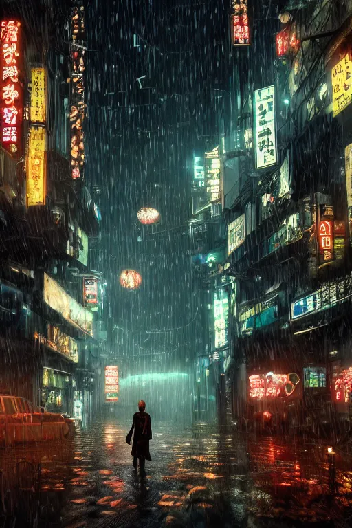 Image similar to cinematic photo of ancient overgrown cyberpunk tokyo with robot, night, rain, flowers, beautifully lit, hyperdetailed, unreal engine, photorealistic, denis villeneuve film look, blade runner set