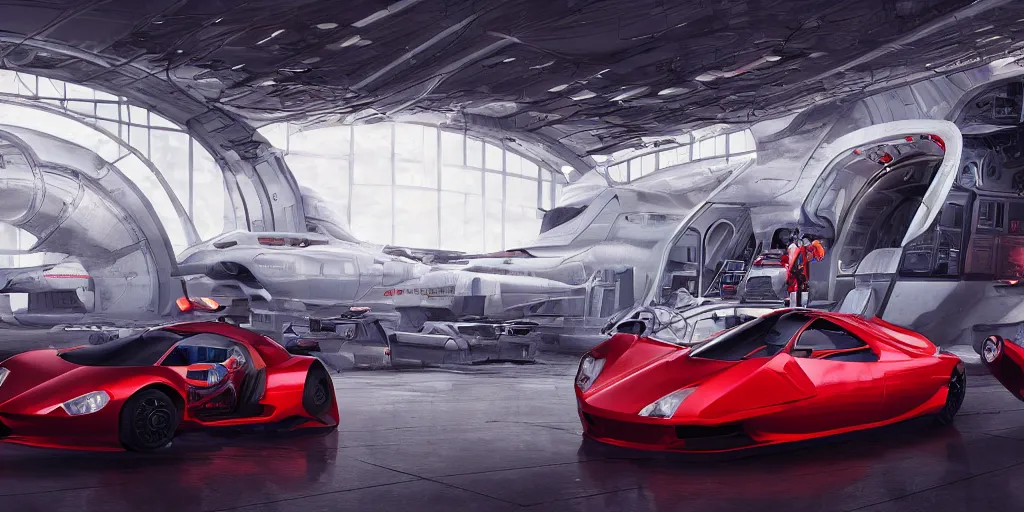 Image similar to kama russian electrocar, inside futuristic hangar, red car, sharp focus, ultra realistic, ultra high pixel detail, cinematic, intricate, cinematic light, concept art, illustration, art station, unreal engine 8 k