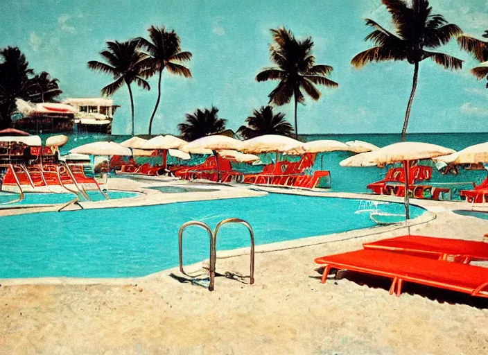 Image similar to pool at the beach. miami. no people. nostalgic. 6 0 s styled art