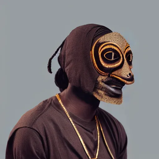 Image similar to dark brown African mask resembling snoop dogg, photography, realistic