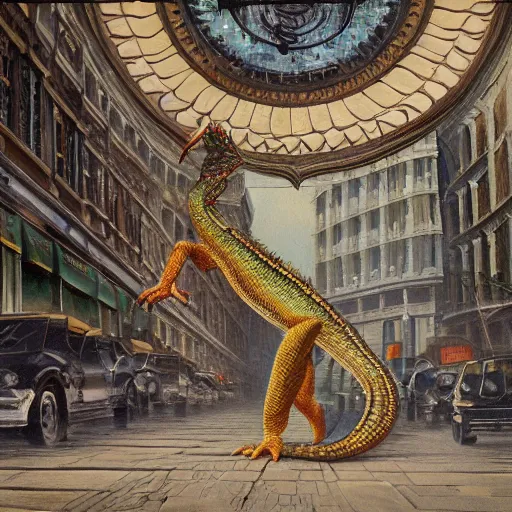 Prompt: reptilian beast walks through the center of a city, extremely detailed oil painting, 1 9 2 0's colored pencil, highly detailed, highly accurate, deep aesthetic, 8 k, highly ornate intricate details, cinematic lighting, rich colors, beautiful scenic view, ray tracing, hyperrealistic, photorealistic, cinematic landscape, trending on artstation, concept art,