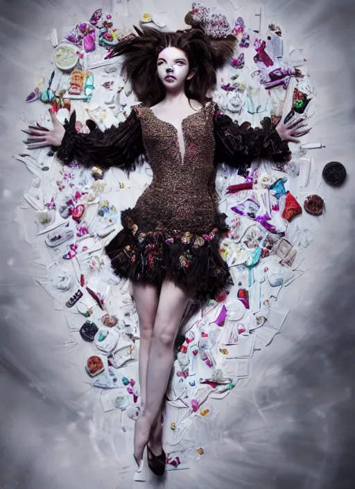 Image similar to expressive full body photo of anya taylor - joy, dress made of sweets, glamour shot, by karol bak, stefan gesell, photorealistic, nikon d 4 x, fashion photography, hyper maximalist, elegant, ornate, luxury, elite, environmental portrait, symmetrical features, octane render, unreal engine, solid dark grey background, dramatic lights