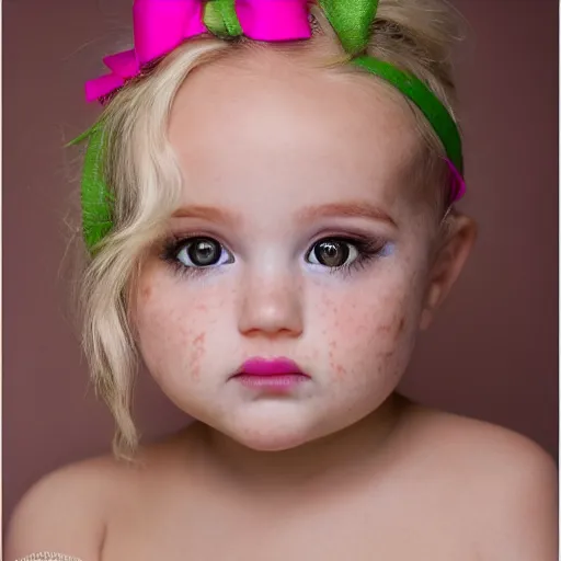 Prompt: perfect baby beauty itself. with a bit of freckles and beautiful bright green eyes red curled hair perfect light pink lips stare intently, award winning studio portrait