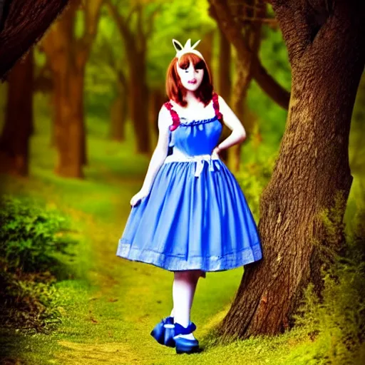 Prompt: beautiful full body portrait of cute alice in wonderland, middle aged, atmospheric, wearing strap shoes, blue white dress