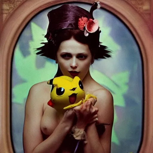 Image similar to elegant woman dressed up as pikachu, art photo by Annie Liebovitz and Alphonse Mucha