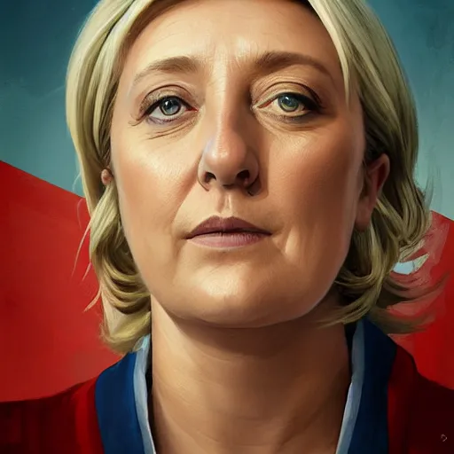 Prompt: Portrait of Marine le Pen , french flag, nationalistic, amazing splashscreen artwork, splash art, head slightly tilted, natural light, elegant, intricate, fantasy, atmospheric lighting, cinematic, matte painting, by Greg rutkowski