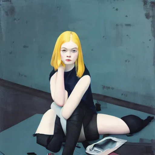 Image similar to Elle Fanning wearing stockings picture by Sachin Teng, asymmetrical, dark vibes, Realistic Painting , Organic painting, Matte Painting, geometric shapes, hard edges, graffiti, street art:2 by Sachin Teng:4