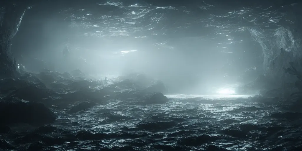 Image similar to there is a sea of underworld, there are fish, it is thousands of miles wide, and no one knows how to cultivate it, light through the mist, dramatic lighting, photorealistic, cinematic lighting, high detail, cinematic feel, high octane, 4K, Unreal Engine, digital render, intricate, ultra realistic, concept art