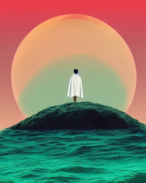 Image similar to a person wearing a white cloak standing in the water. a large planet is overhead. an album cover by stanley twardowicz, trending on cg society, retrofuturism, retrowave, chillwave, synthwave