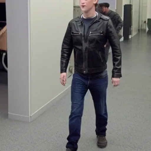 Image similar to Mark Zuckerberg plays Terminator, wearing leather jacket, red eye, VFX film