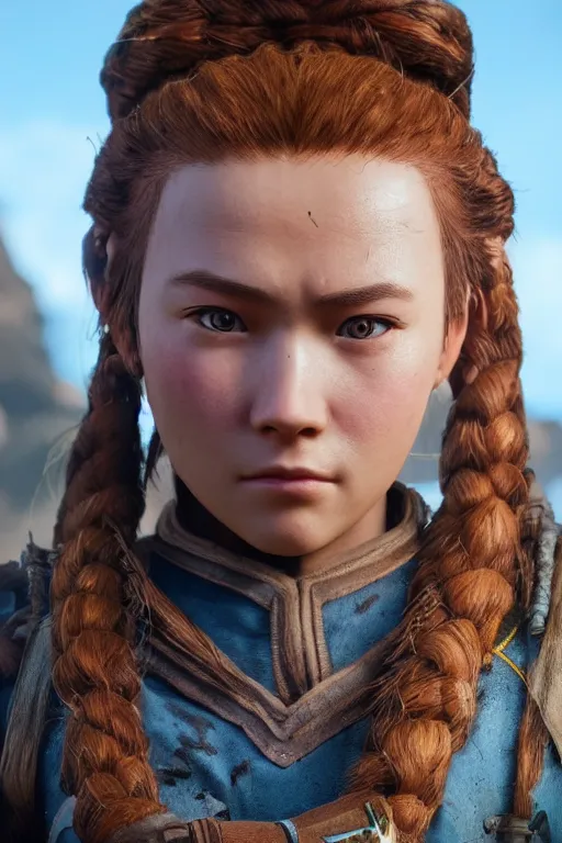 Prompt: aloy from horizon : forbidden west. photoreal, closeup portrait. most of her face is in shadow. shallow depth of field field.