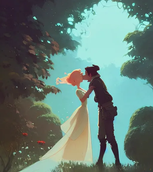 Image similar to a princess and a king almost kissing in the beautiful garden by atey ghailan, by greg rutkowski, by greg tocchini, by james gilleard, by joe fenton, by kaethe butcher, dynamic lighting, gradient light blue, brown, blonde cream and white color scheme, grunge aesthetic