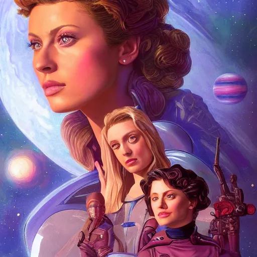 Image similar to Aly Michalka as a stunning , beautiful retro SCI-FI space heroine 1985 , movie poster, intricate, elegant, highly detailed, centered, digital painting, trending on artstation, concept art, smooth, sharp focus, illustration, art by artgerm and donato giancola and Joseph Christian Leyendecker, Ross Tran, WLOP