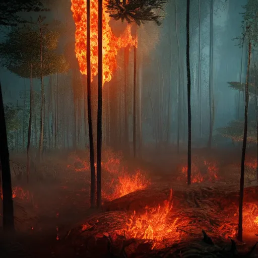 Prompt: a violent forest of fire, unreal render, 4k, octane, concept art, trending on artstation