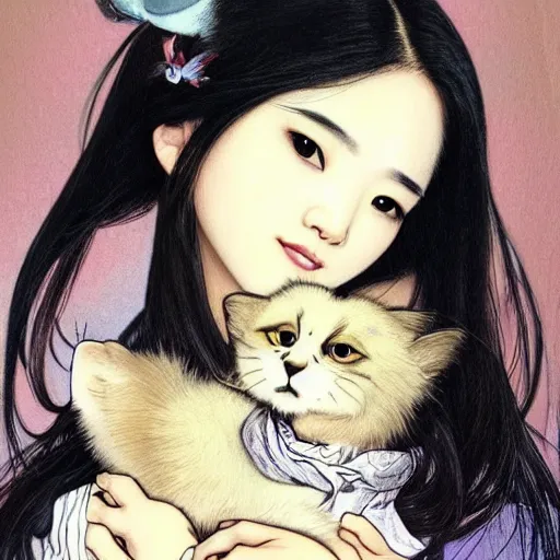 Image similar to cute emo taiwanese woman, with long dark hair, thick eyebrows!!! dark eyes and dark circles!, wide nose!!!, big eyes, oval face shape, big cheeks!, she is holding a cat in her arms, by juan villafuerte, greg rutkowski and alphonse mucha, pexels contest winner, high quality photo, hd rtx