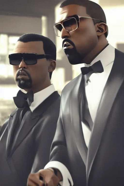 Image similar to hyperrealistic cinematic portrait of chow yun - fat and kanye west, wearing tuxedos, shooting guns in a quentin tarantino movie, 8 k, pulp fiction style, unreal engine