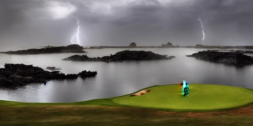 Image similar to a great photograph of the most amazing golf hole in the world, surrounded by water, giant ship wreck, lightning storm, ambient light, golf digest, top 1 0 0, fog