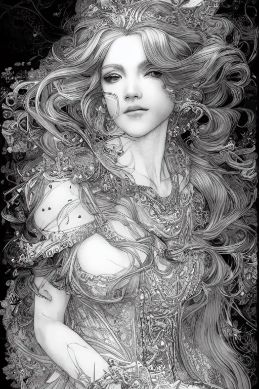 Image similar to portrait of glamour redhead fantasy female bard , pen and ink, intricate line drawings, by Yoshitaka Amano, Ruan Jia, Kentaro Miura, Artgerm