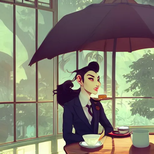 Image similar to a weasel in a suit was drinking tea, surrounded by tea houses ambient lighting, 4 k, lois van baarle, ilya kuvshinov, rossdraws, alphonse mucha, jung gi kim, artstation