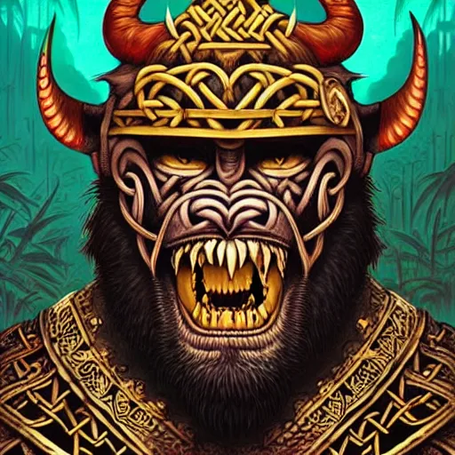 Image similar to barong family member, viking warrior, viking beard, king kong, wiwek, mara demon, one single tribe member, jungle, one single mask, dark, ancient warrior, tribal, inner glow, art by dan mumford and justin gerard