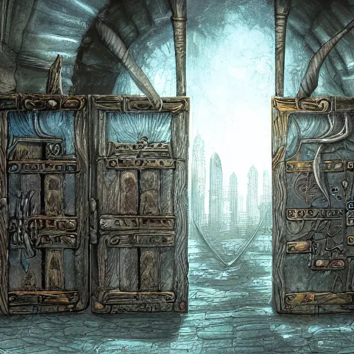 Image similar to planescape art style city of doors wallpaper