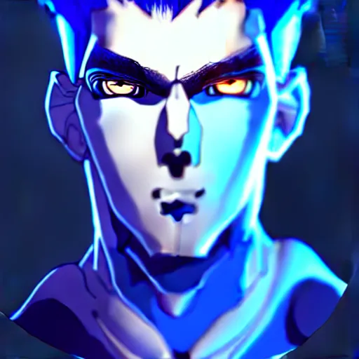 Prompt: a highly detailed portrait of a man with navy blue hair and blue glowing eyes, blue transparent cubes in backround, high detail clothing, concept art, anime, artstation, professional drawing