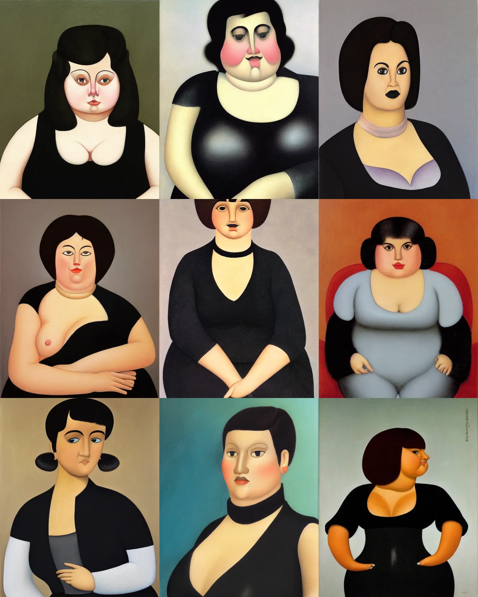 Prompt: A portrait by Fernando Botero. Her hair is dark brown and cut into a short, messy pixie cut. She has a slightly rounded face, with a pointed chin, large entirely-black eyes, and a small nose. She is wearing a black tank top, a black leather jacket, a black knee-length skirt, a black choker, and black leather boots.