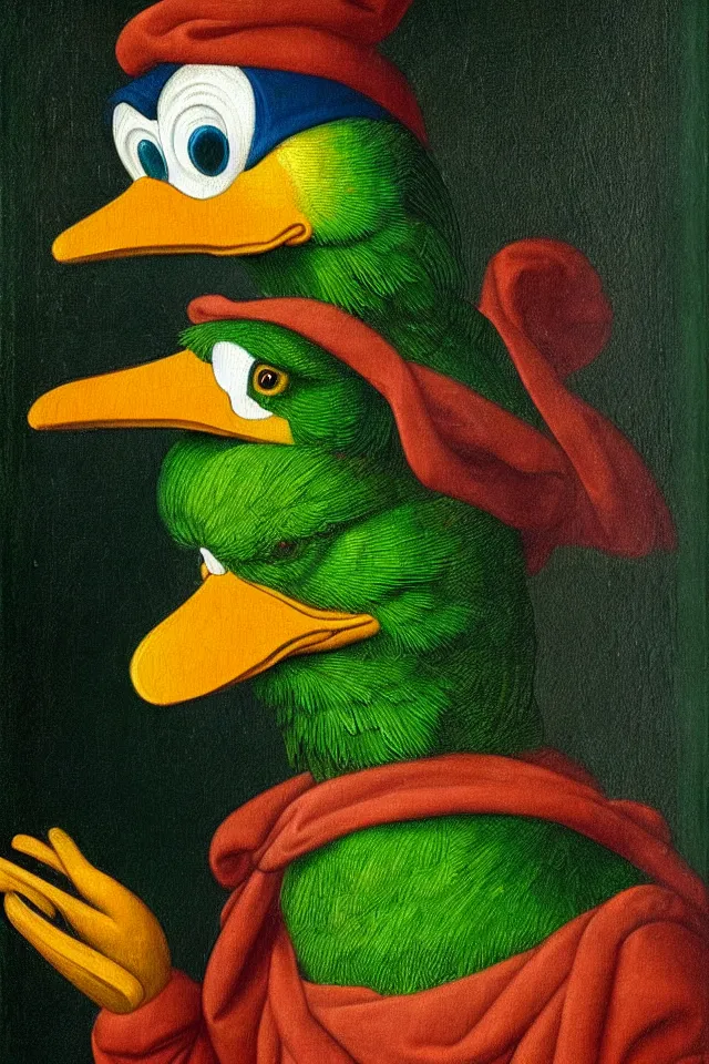 Image similar to a renaissance portrait of donald duck as a green parrot, beautiful intricate painting