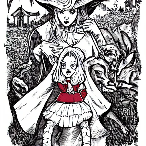 Image similar to little red riding hood illustrated in the style of arthur adams