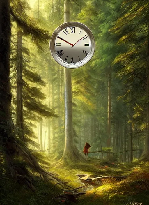 Image similar to a clock integrated in the forest environment, elegant, sharp focus, illustration, highly detailed, digital painting, concept art, matte, art by wlop and artgerm and ivan shishkin and andrey shishkin, masterpiece