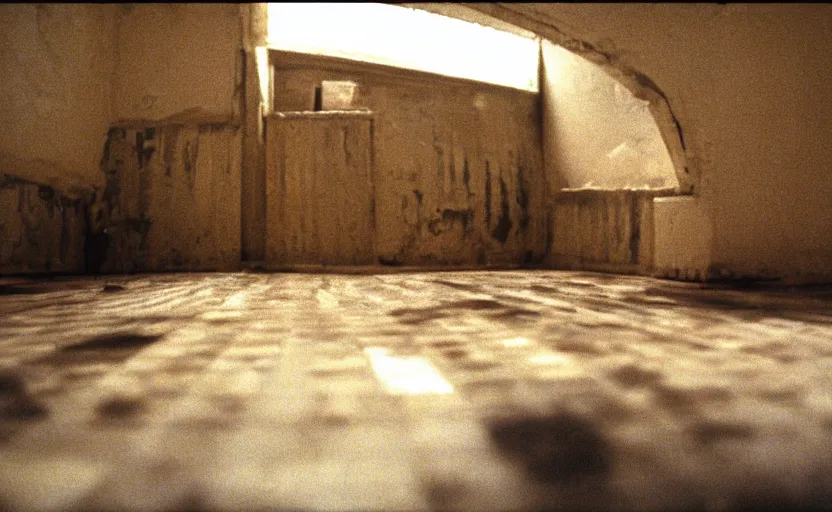 Image similar to screenshot photo low angle interior of a house built on nothing and something for the nothing underneath, scene from being john malcovich film directed by charlie kaufman ( 2 0 0 1 ), moody cinematography, 2 4 mm anamorphic lens, 3 5 mm film