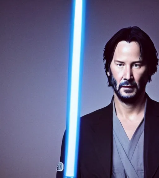 Prompt: keanu reeves as a jedi master with a blue lightsaber, perfect symmetrical face, full moon, moody lighting, 8 k, shallow depth of field, intricate detail,