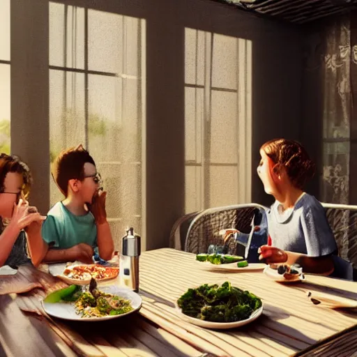 Prompt: a - happy - family - eating - dinner - at - the - table - inside - a cage, at - home, indoors, warm - sunlight, photorealistic, high - detail, octane - render, vivid, 4 k,