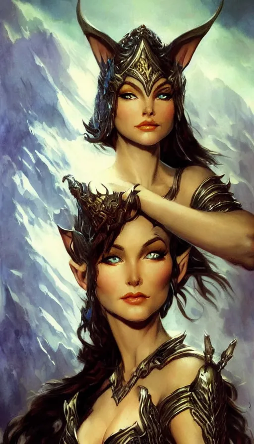 Image similar to elven queen character portrait by frank frazetta, fantasy, dungeons & dragons, sharp focus, beautiful, artstation contest winner, detailed