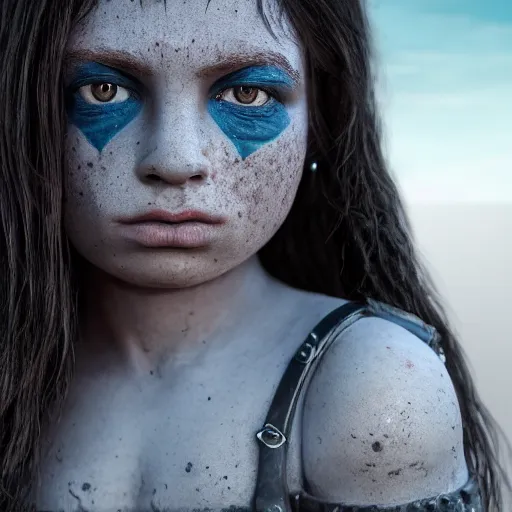 Image similar to a little blue-skinned girl with messy black hair sharp pointed ears freckles along the ridges of her cheeks, dnd triton, high resolution film still, 4k, HDR colors