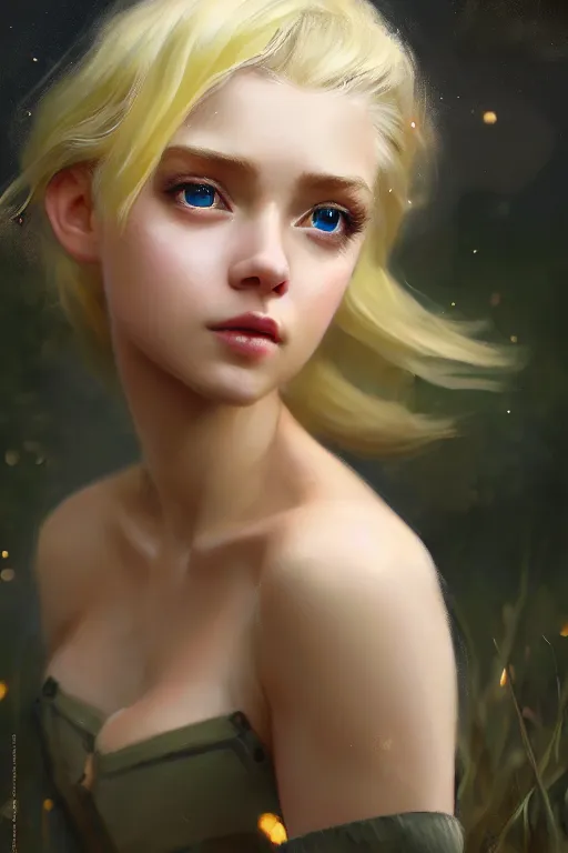 Image similar to cinematic shot of an epic portrait of a cute blonde fairy dressed in military clothes, stylised military clothes, shiny skin, beautiful eyes, beautiful, small details, night setting, realistic poster with volumetric light from jeremy lipkin and michael garmash, craig mallism, artgerm, unreal engine, radiant light, digital art, trends at art station, a masterpiece