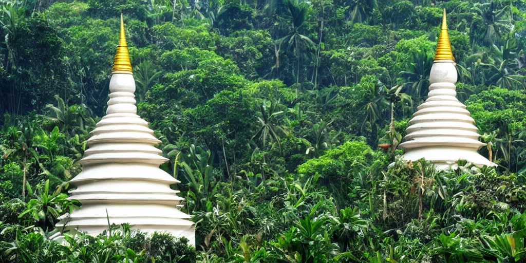 Image similar to sri lankan white stupa hidden in the jungle village, rule of thirds, drawn by hayao miyazaki