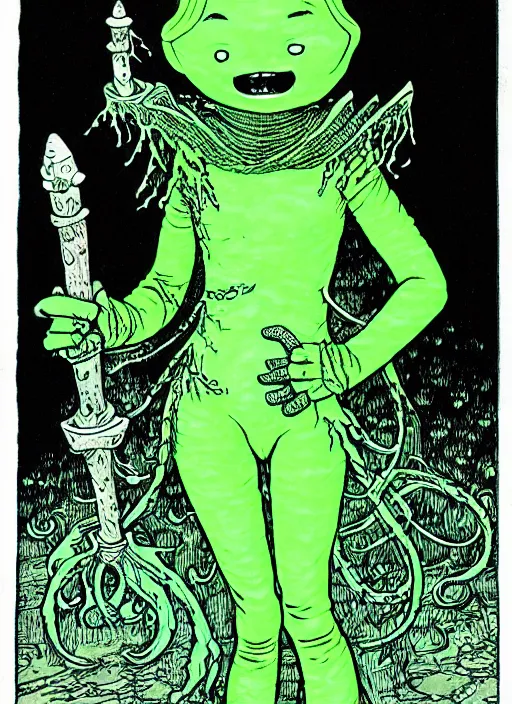 Image similar to a girl made of slime dressed as a cute mage, as a d & d monster, full body, pen - and - ink illustration, etching, by russ nicholson, david a trampier, larry elmore, 1 9 8 1, hq scan, intricate details, inside stylized border