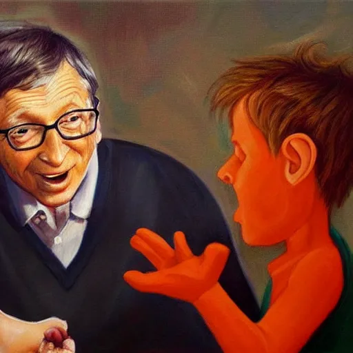 Prompt: masterful oil painting of bill gates eating babies while he talks to the devil, scary