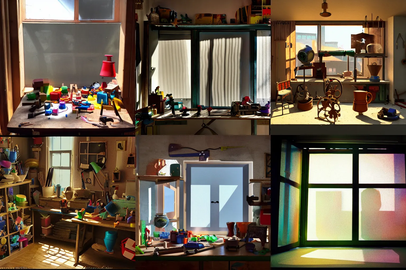 Prompt: cluttered toymaker workshop, large window, volumetric sunlight dappled shadows.