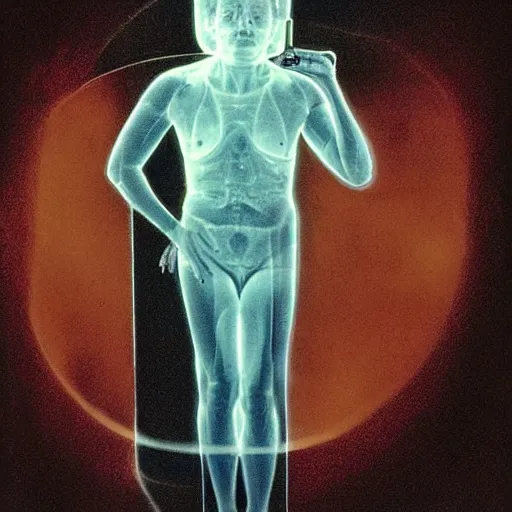 Prompt: A drawing. A rip in spacetime. Did this device in her hand open a portal to another dimension or reality?! autochrome, x-ray photography by Les Edwards, by John Perceval aesthetic