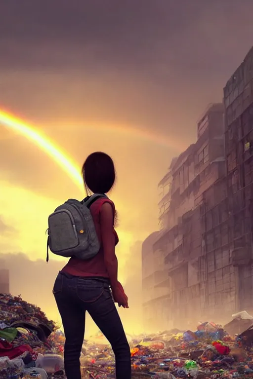 Image similar to beauty teenage girl in short with backpack looking at food at garbage dump, destroyed cars, city is pure wasteland, moody sunset background, rays of sunlights, ( ( ( rainy day, rainbow ) ) ), high details, sharp, photorealism, cinematic, greg rutkowski, alphonse mucha, trending on artstation, artgerm, unreal engine, highly detailed