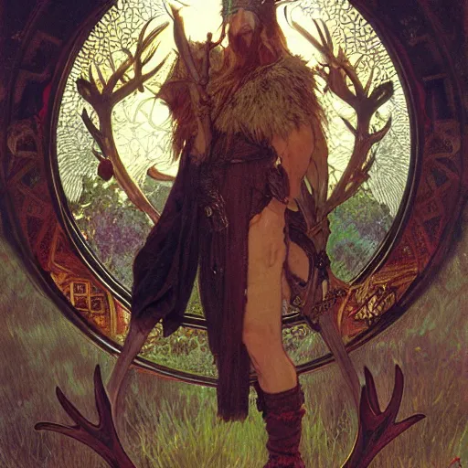 Image similar to haughty Viking fae god with shining eyes and antlers, by Greg Rutkowski, Alphonse Mucha, and Brom