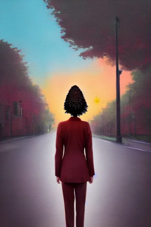 Image similar to portrait giant dahlia flower head, frontal, girl in a suit, standing in street, surreal photography, sunrise, dramatic light, impressionist painting, digital painting, artstation, simon stalenhag