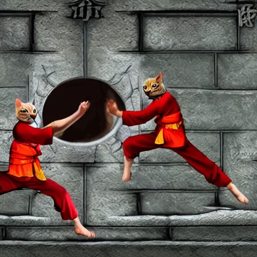 Prompt: real cats dressed as shaolin monks fighting each other, 4k, highly detailed