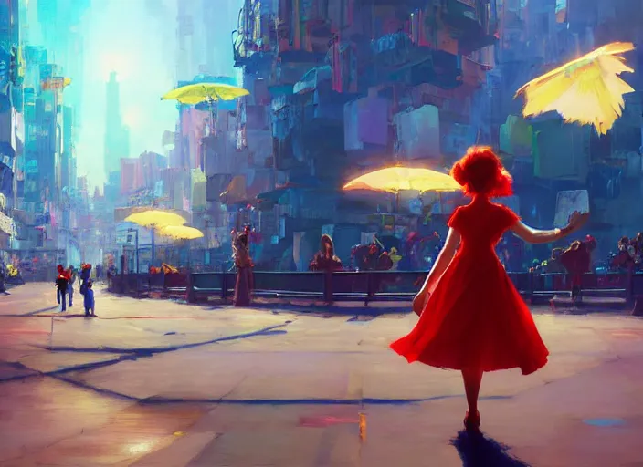 Prompt: gorgeous bright girl waving a red flag over her head dancing through Mandelbrot fractal city by Craig Mullins, ilya kuvshinov, krenz cushart, artgerm trending on artstation by Edward Hopper and Dan Mumford and WLOP and Rutkovsky, Unreal Engine 5, Lumen, Nanite