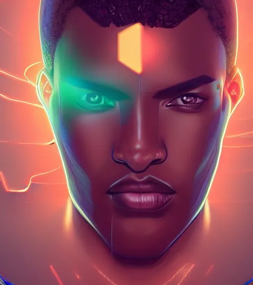 Image similar to symmetry!! egyptian prince of technology, solid cube of light, hard edges, product render retro - futuristic poster scifi, lasers and neon circuits, brown skin man egyptian prince, intricate, elegant, highly detailed, digital painting, artstation, concept art, smooth, sharp focus, illustration, dreamlike, art by artgerm