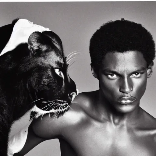 Prompt: the handsome african male model and the black leopard, black and white, by richard avedon,